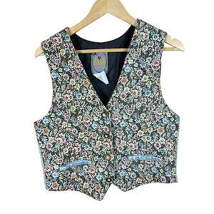 VTG Cottage 90s Womens Vest Needlepoint Floral Denim Tapestry Large joujou